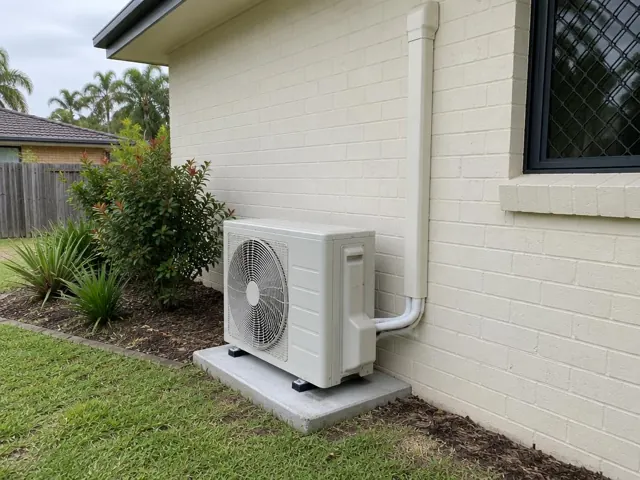 Outdoor air conditioner condenser on a concrete pad beside a painted brick home wall in Pacific Pines